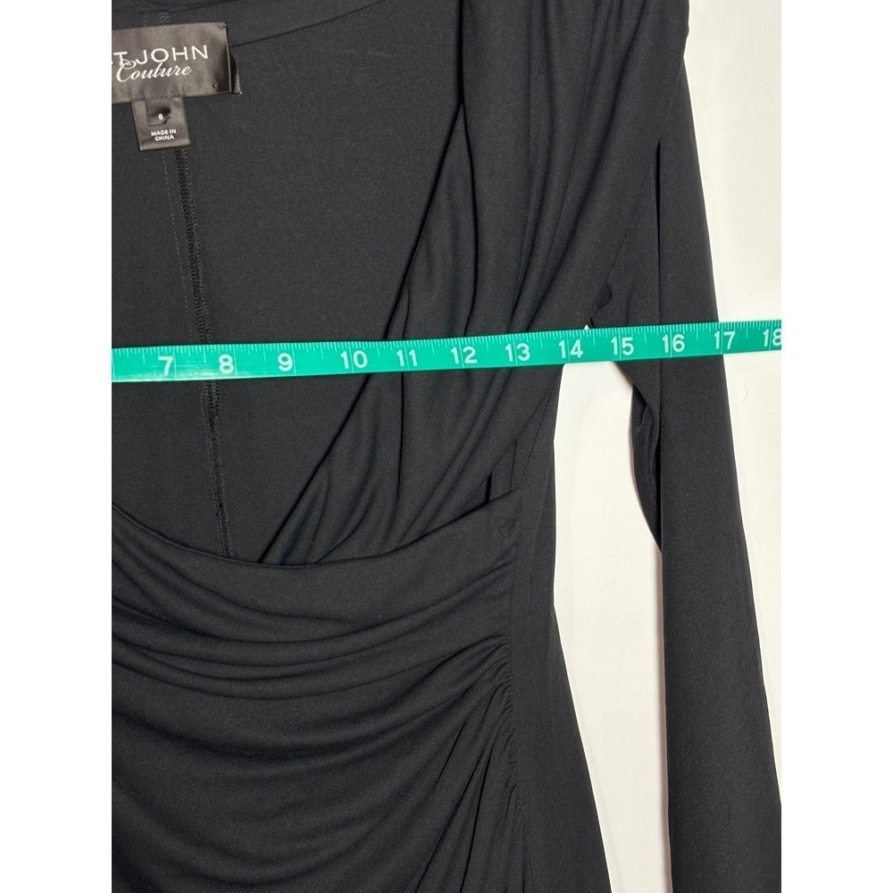 St John Couture Dress Women 8 Black Draped Neck Ruched Long Sleeve Knee Length - Picture 8 of 10